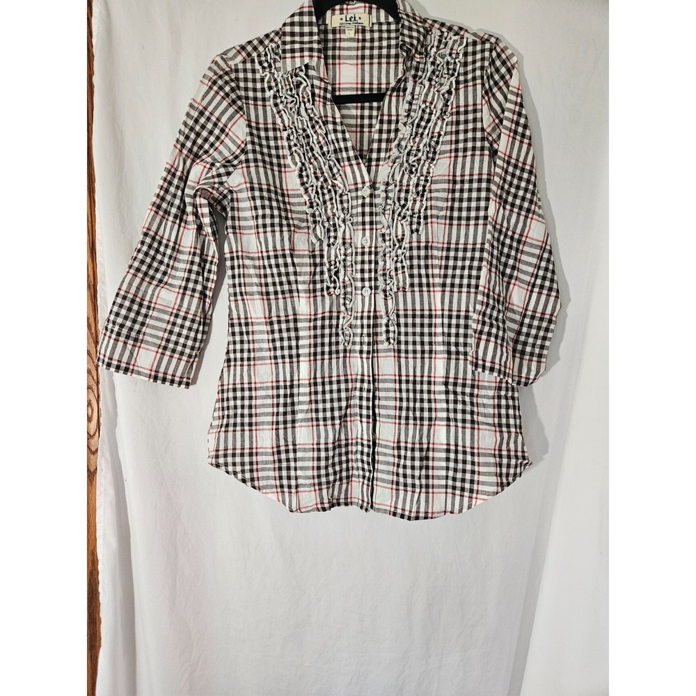 L.E.I. Button Up Shirt Women's L Large Multicolor Plaid Ruffle V Neck 3/4 Sleeve